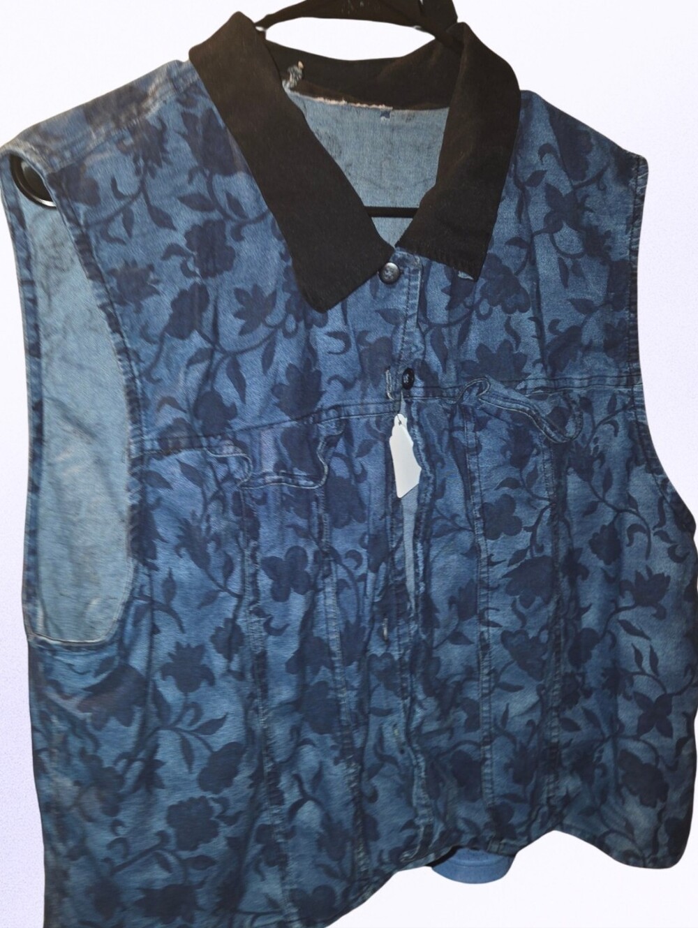 Womens Blue Floral Denim Vest with Black Collar